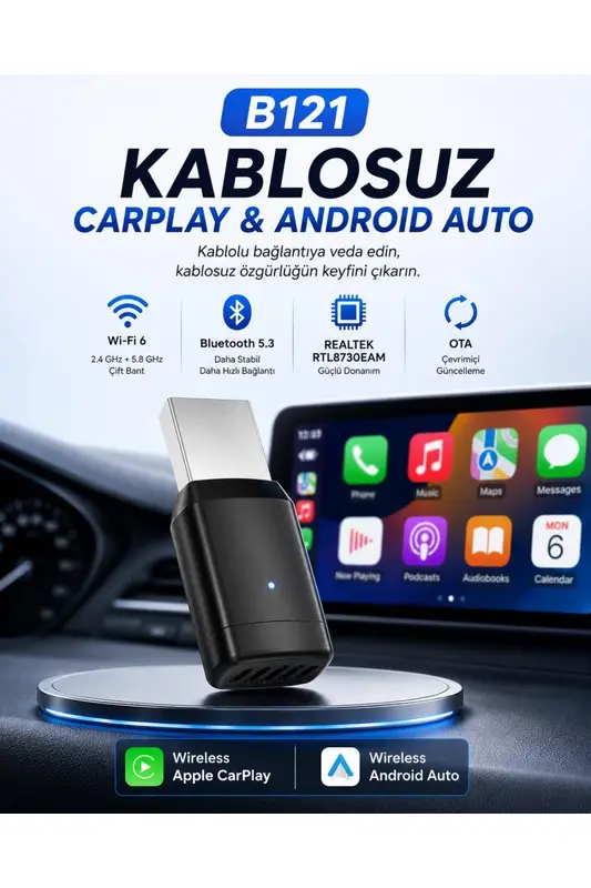 Need B121 2'si 1 Arada Kablosuz CarPlay & Android Auto Dönüştürücü Adaptör | Wi-Fi 6, Bluetooth 5.3