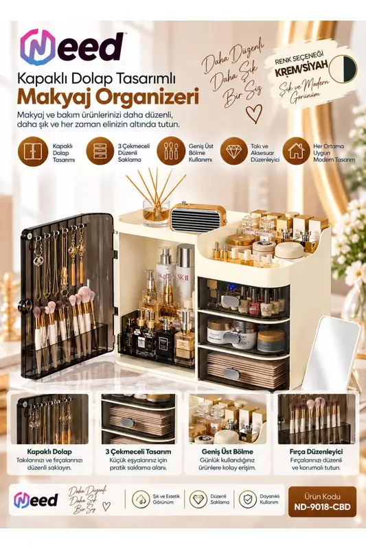 Need Kapaklı Dolap Tasarımlı 3 Çekmeceli Makyaj Organizeri ve Takı Düzenleyici – Krem/Siyah – ND-9018-CBD