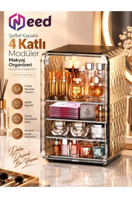 Need Dolap Tasarımlı Şeffaf Kapaklı Makyaj Organizeri – Gold Transparan - ND-8095-TPB