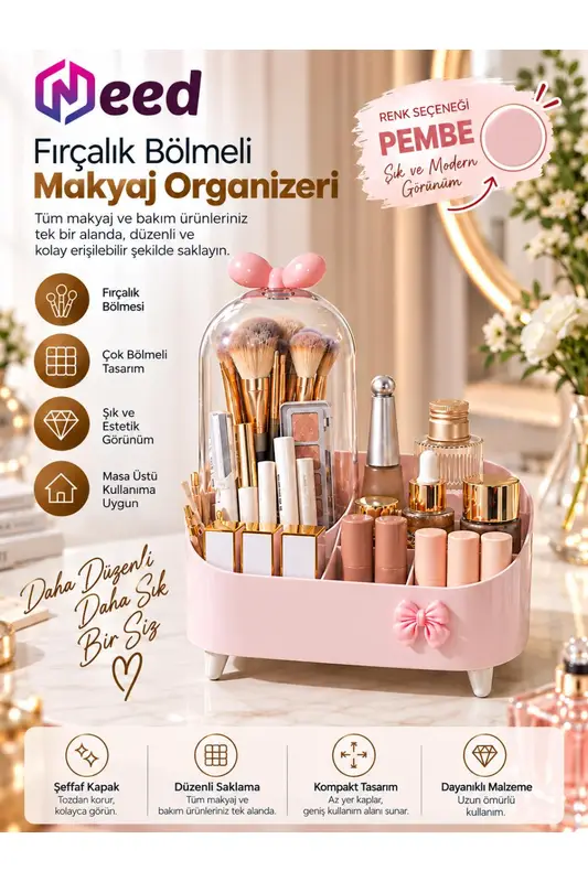 Need Şeffaf Kapaklı Toz Korumalı Fırçalık Bölmeli Makyaj Organizeri Kozmetik Düzenleyici – Pembe ND-8069-PNK