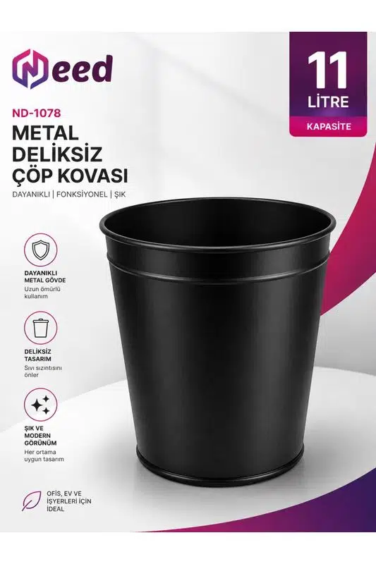 Need ND-1078 Metal Deliksiz Siyah Çöp Kovası 11 Litre