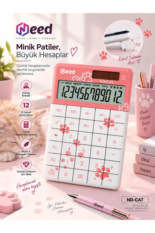 Need ND-CAT Pembe Pati Desenli 12 Haneli Masaüstü Hesap Makinesi