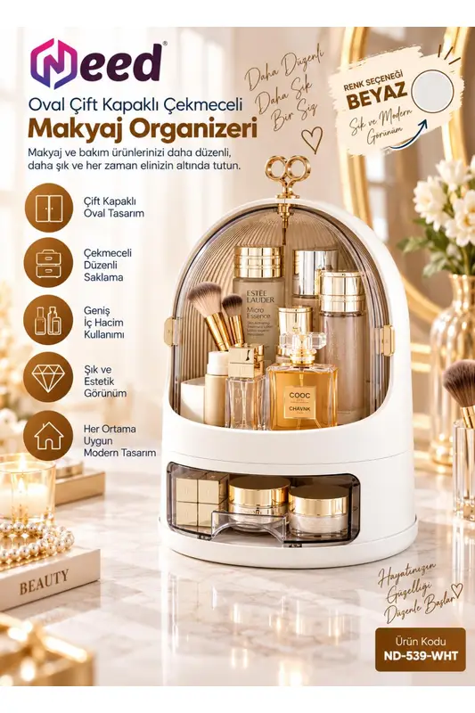 Need Oval Çift Kapaklı Çekmeceli Makyaj ve Kozmetik Organizeri – Beyaz – ND-539-WHT