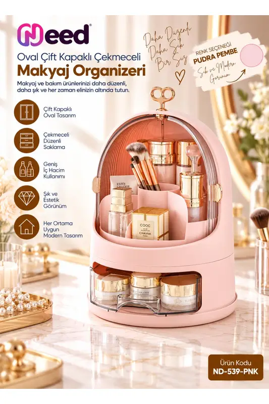Need Oval Çift Kapaklı Çekmeceli Makyaj ve Kozmetik Organizeri – Pudra Pembe – ND-539-PNK