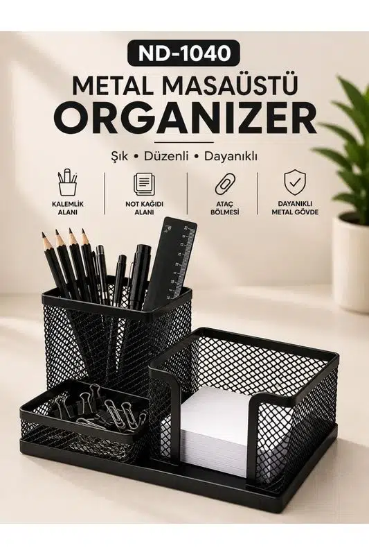 Need ND-1040 Metal Mesh Masaüstü Organizer – 3 Bölmeli Çok Amaçlı Düzenleyici | Siyah