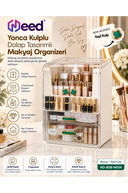 Need Yonca Kulplu Dolap Tasarımlı Çekmeceli Makyaj ve Kozmetik Organizeri – Beyaz / Yeşil Kulp – ND-808-WGN