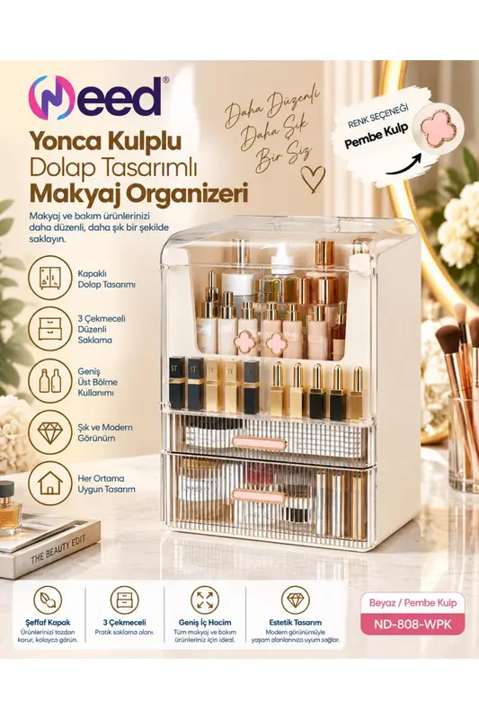 Need Yonca Kulplu Dolap Tasarımlı Çekmeceli Makyaj ve Kozmetik Organizeri – Beyaz / Pembe Kulp – ND-808-WPK