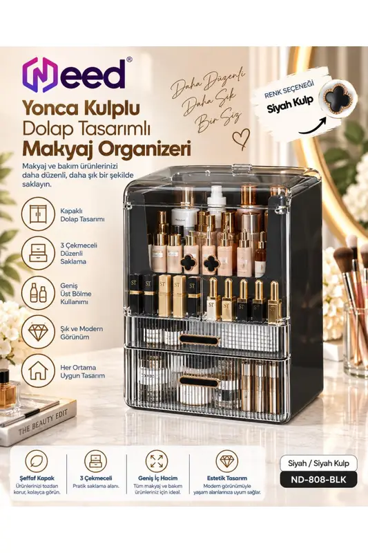 Need Yonca Kulplu Dolap Tasarımlı Çekmeceli Makyaj ve Kozmetik Organizeri – Siyah / Siyah Kulp – ND-808-BLK