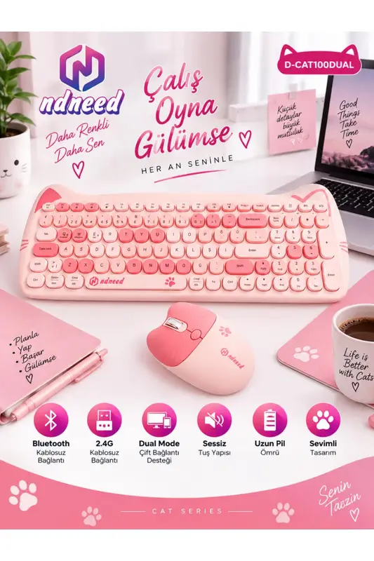 Sevimli Kedi Kablosuz Klavye ve Mouse Seti Bluetooth + 2.4G Dual Mode
