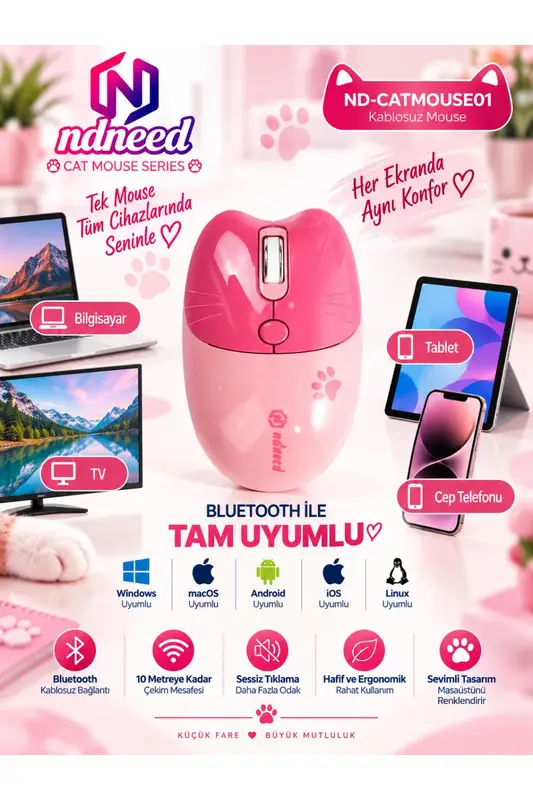 Sevimli Kedi Kablosuz Pembe Mouse Bluetooth + 2.4G Dual Mode Catmouse