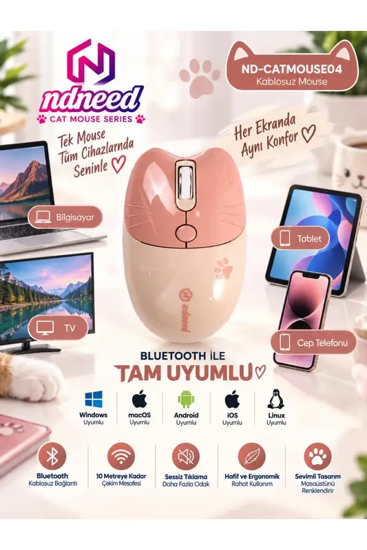 Sevimli Kedi Kablosuz Pudra-Bej Mouse Bluetooth + Dual Mode Catmouse