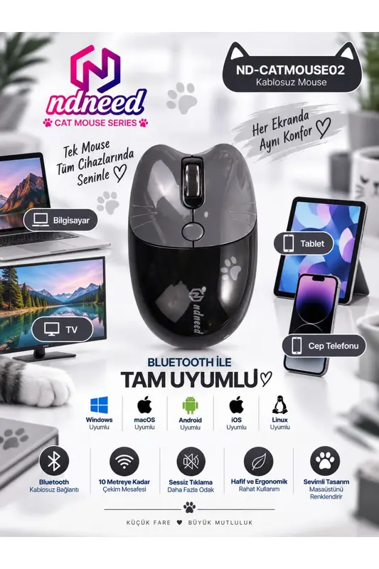 Sevimli Kedi Kablosuz Siyah Mouse Bluetooth + 2.4G Dual Mode Catmouse