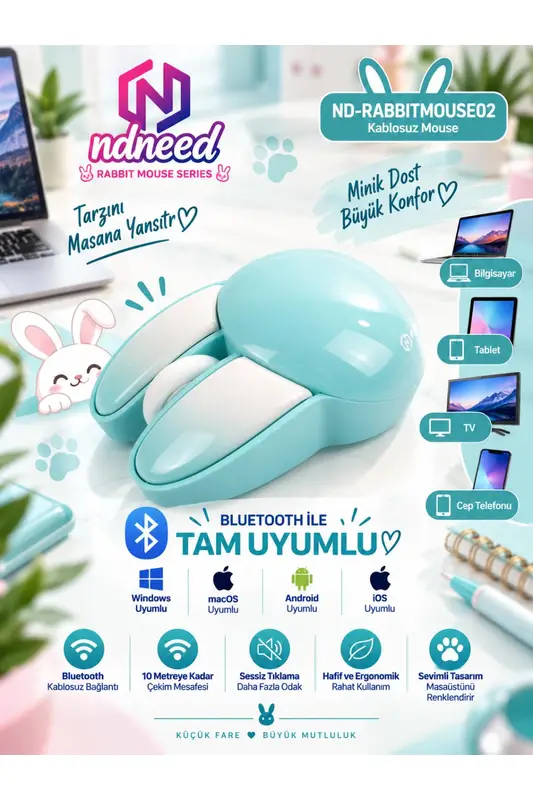 Sevimli Tavşan 3D Mavi Mouse Bluetooth + 2.4G Dual Mode