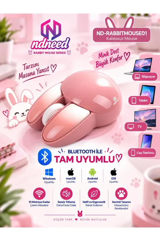 Sevimli Tavşan 3D Pembe Mouse Bluetooth + 2.4G Dual Mode